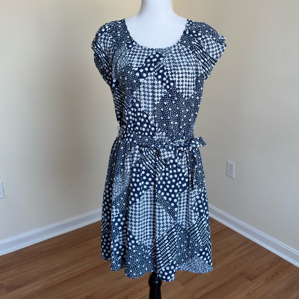 LC Lauren Conrad Blue & White Patchwork Dress w/ Belt & Back Bow Detail Medium
